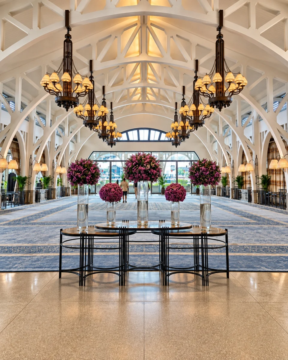 Gran lobby de hotel con lámparas y arreglos florales
